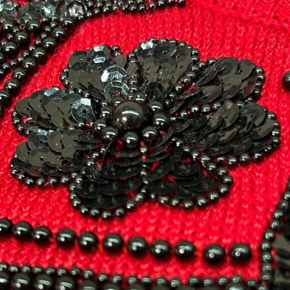Vintage Dana Scott Red Knit Sweater Cardigan w/ Black Beads & Sequins Size Large - Picture 4 of 7